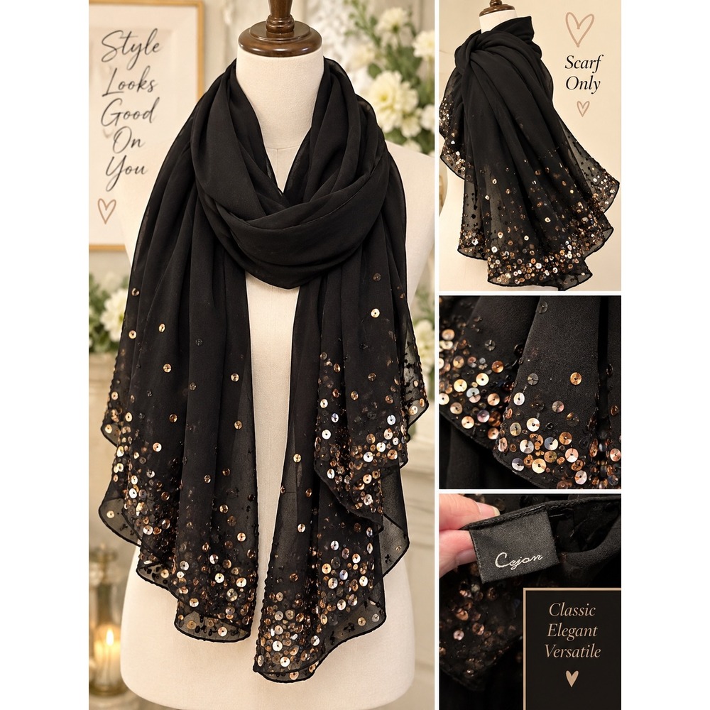 Cejon Black Chiffon Scarf with Bronze Gold Ombre Sequins Evening Wrap